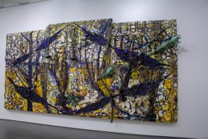 Installation view at Aspen Art Museum of Julian Schnabel violet plate painting 2017, called "The Walk Home" done in 1985