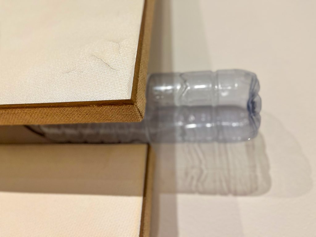 water bottles separating 3 paintings by N. Dash